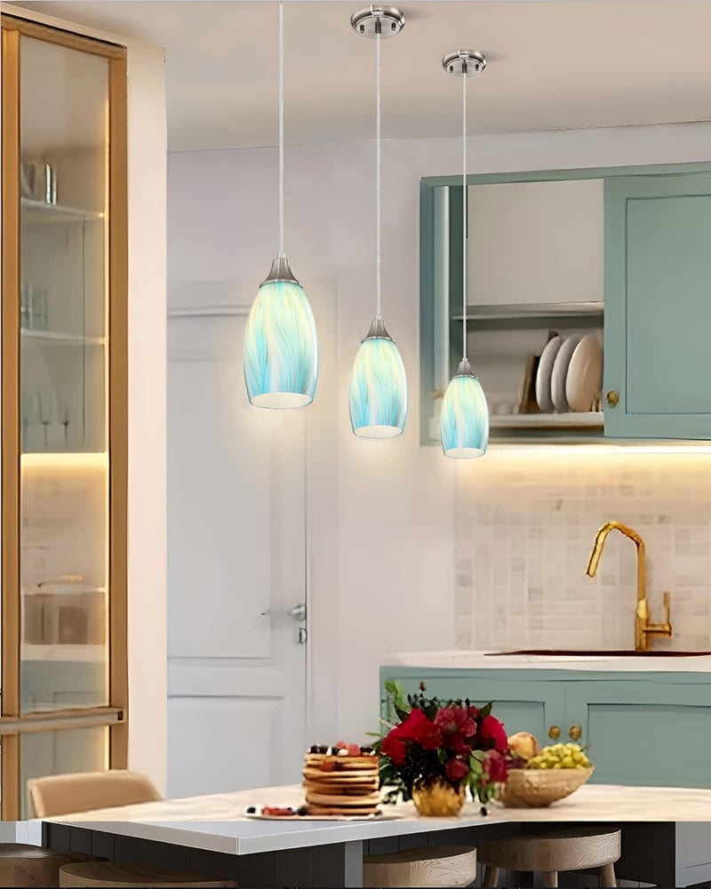 karyfine Mini Pendant Light,Handcrafted Art Glass Pendant Lighting Shade with Brushed Nickel Finished Teal Glass Ceiling Hanging lamp Adjustable Cord for Kitchen Island,Hallway,Dining Room - Image 4